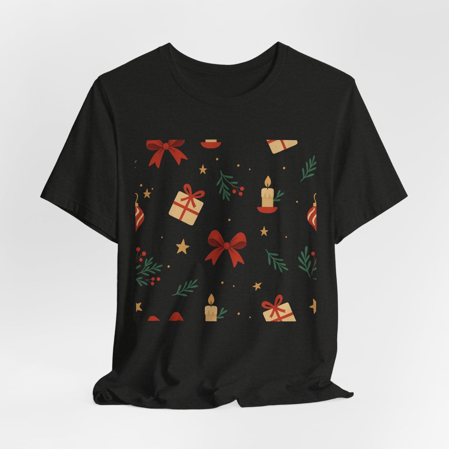 Holiday Pattern Tee — Festive Gifts, Bows & Candles Graphic T-Shirt