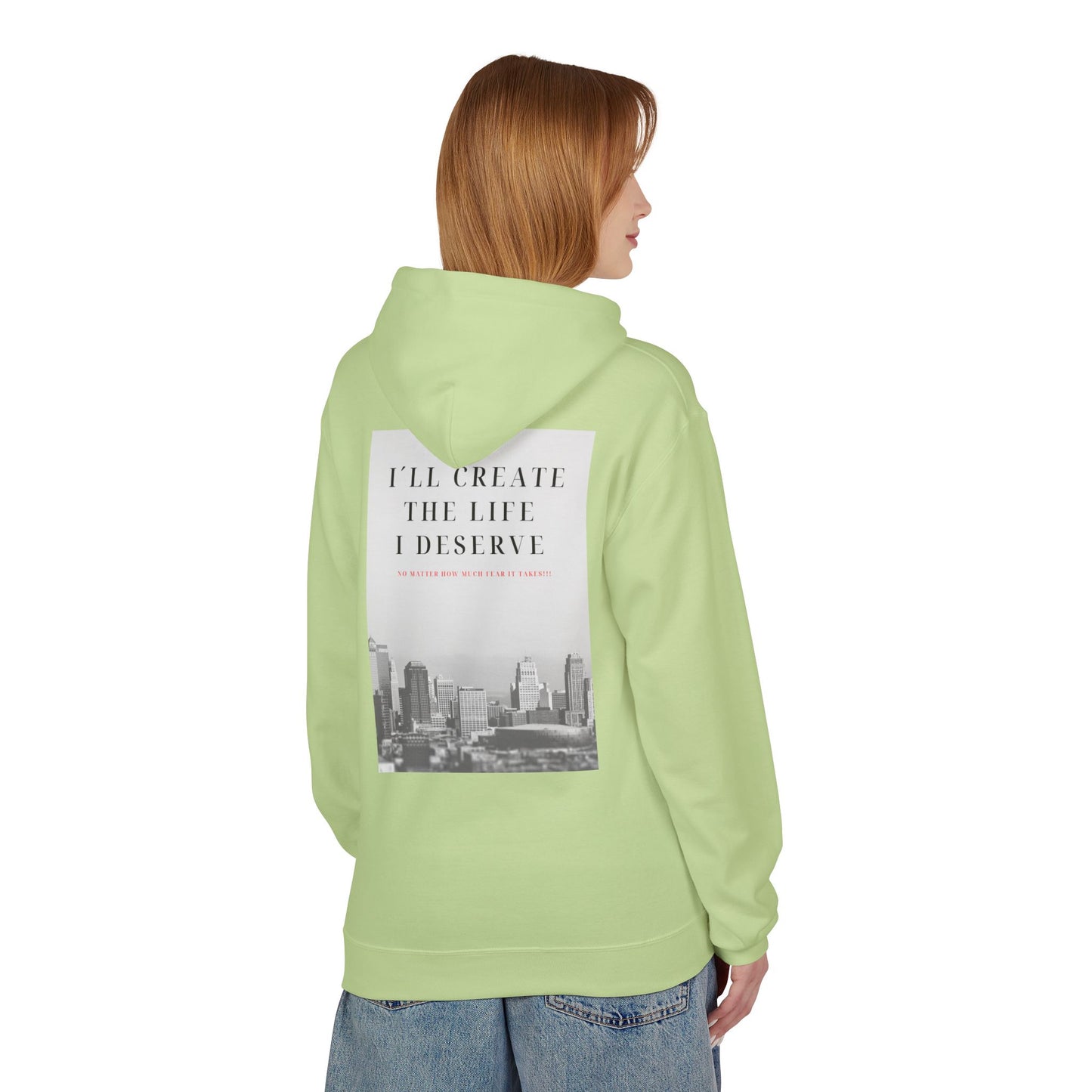 Motivational 'I'll Create the Life I Deserve' Hoodie — Inspirational Cityscape Fleece