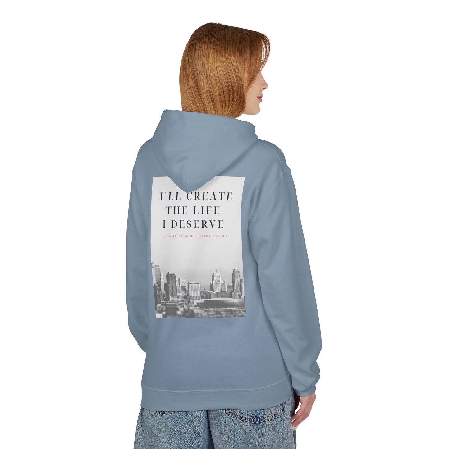 Motivational 'I'll Create the Life I Deserve' Hoodie — Inspirational Cityscape Fleece
