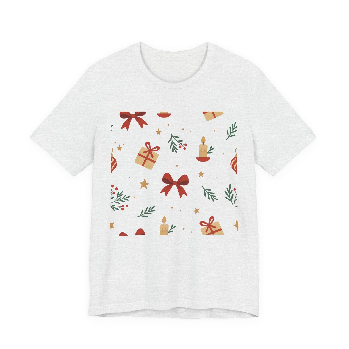 Holiday Pattern Tee — Festive Gifts, Bows & Candles Graphic T-Shirt