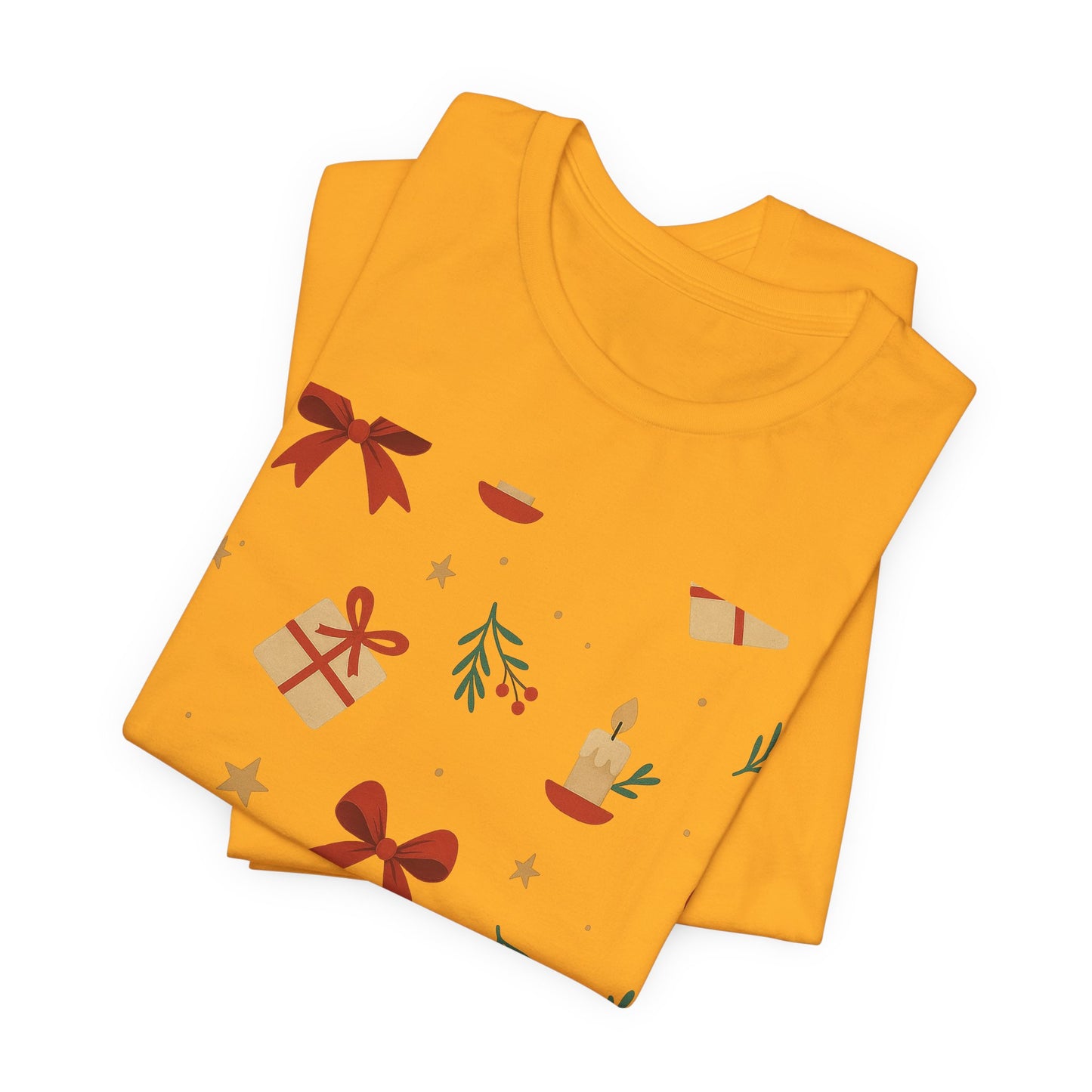Holiday Pattern Tee — Festive Gifts, Bows & Candles Graphic T-Shirt