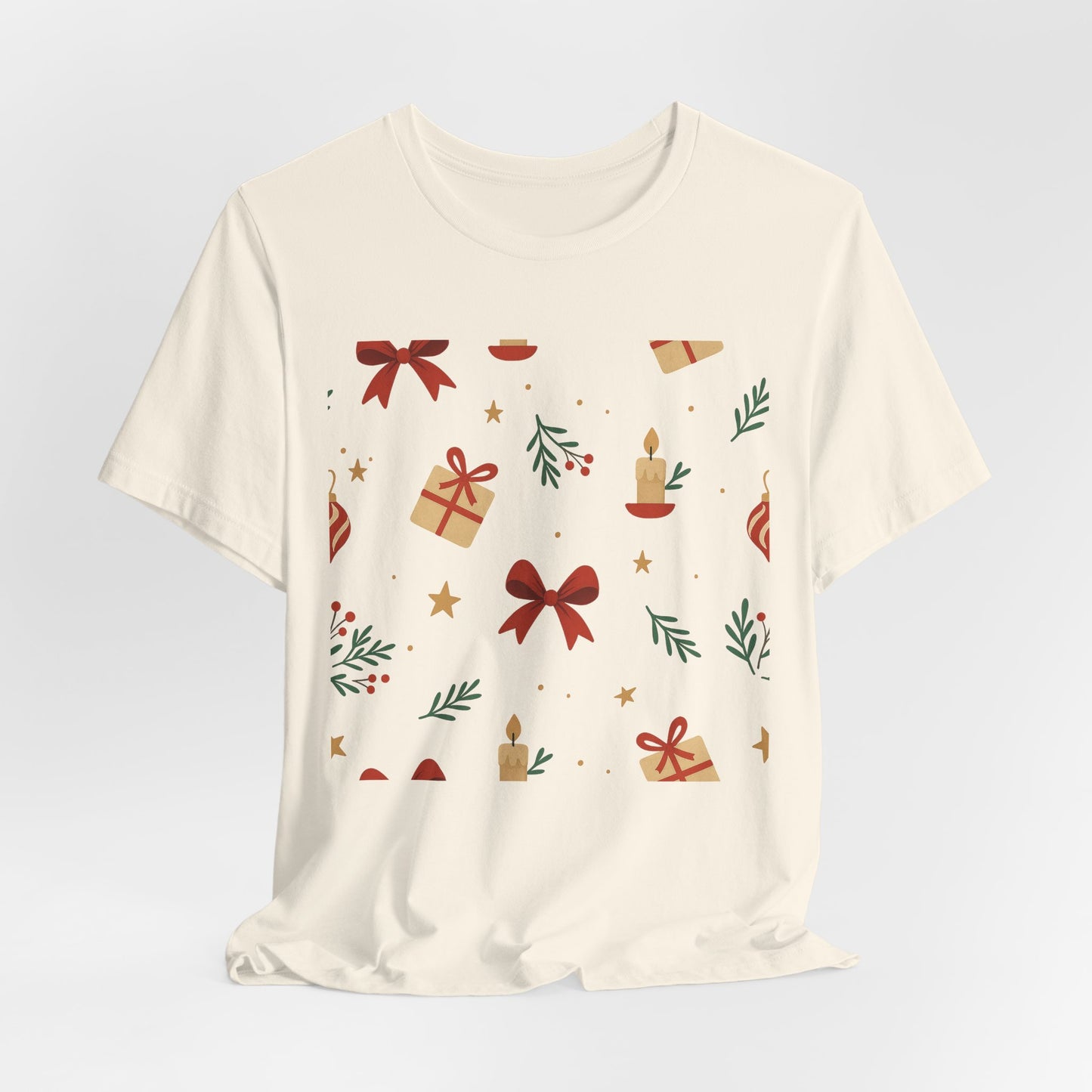Holiday Pattern Tee — Festive Gifts, Bows & Candles Graphic T-Shirt