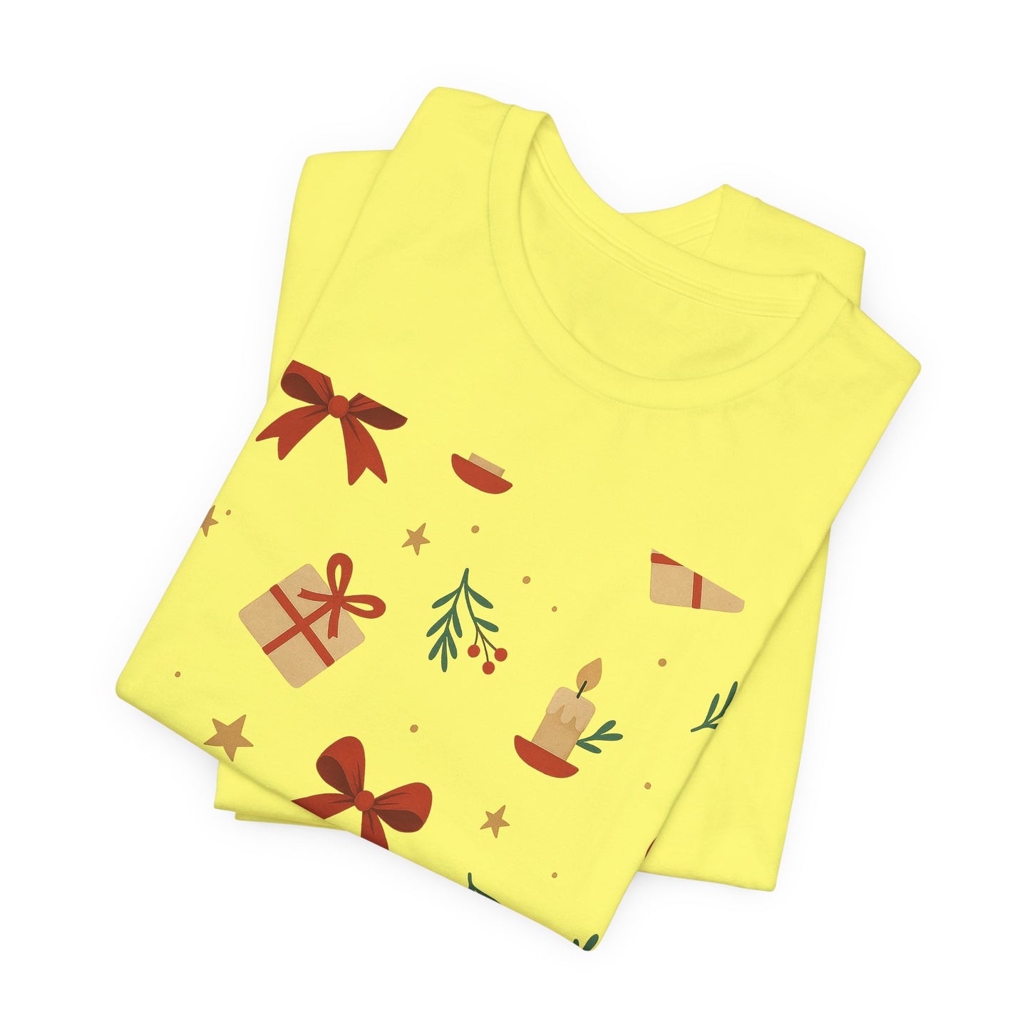 Holiday Pattern Tee — Festive Gifts, Bows & Candles Graphic T-Shirt