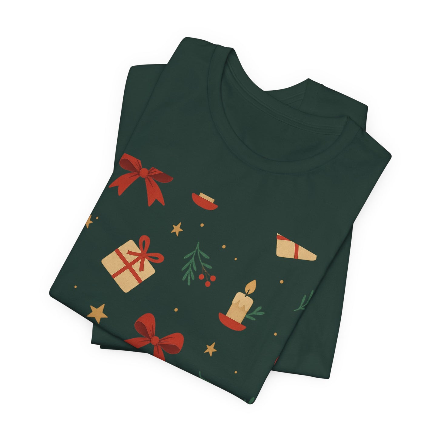 Holiday Pattern Tee — Festive Gifts, Bows & Candles Graphic T-Shirt