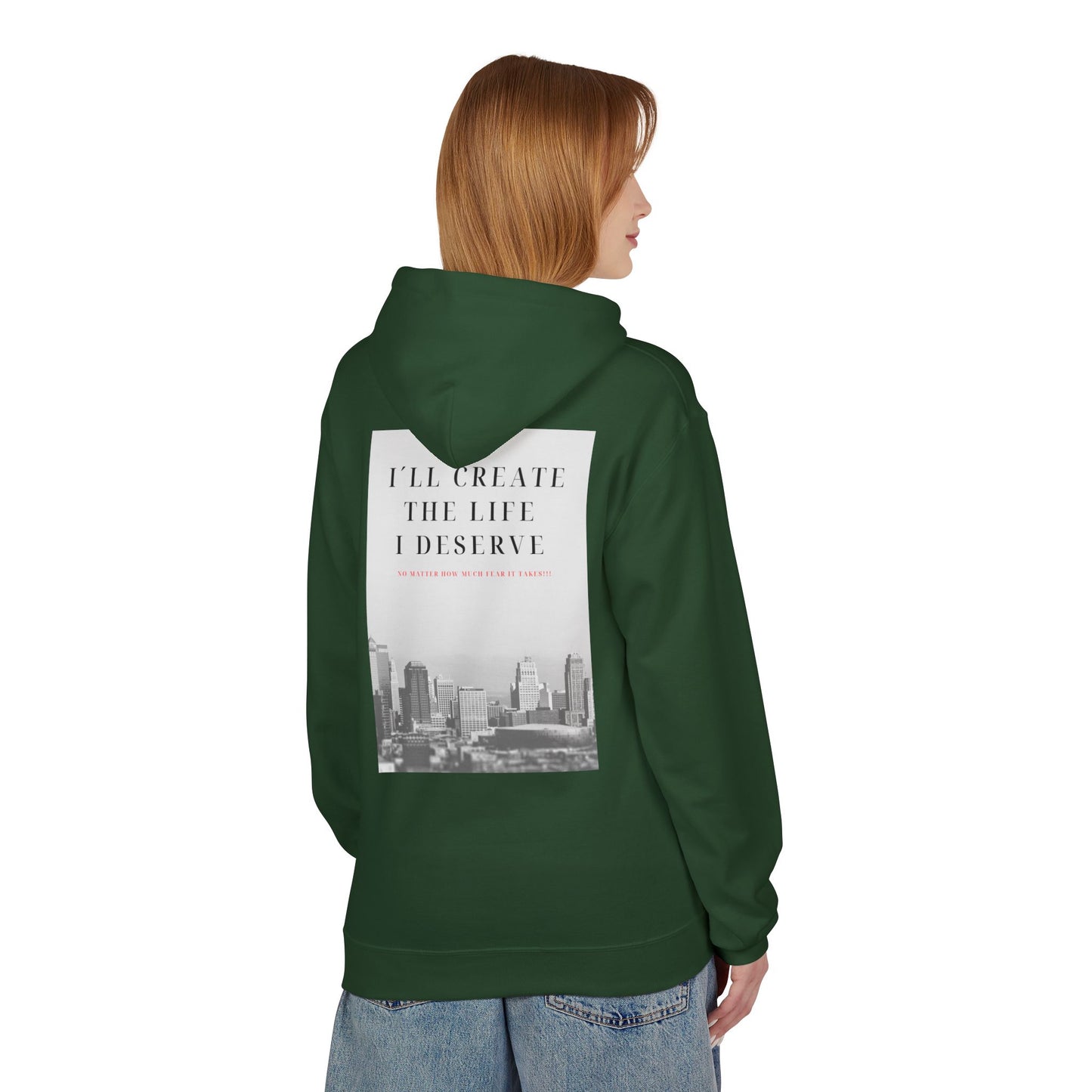 Motivational 'I'll Create the Life I Deserve' Hoodie — Inspirational Cityscape Fleece