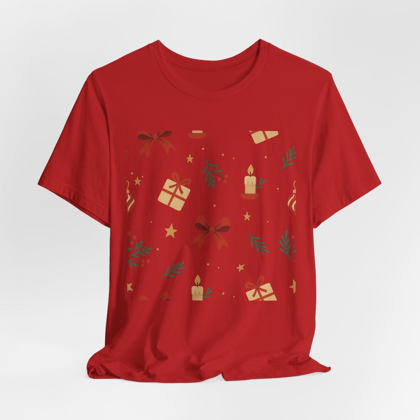 Holiday Pattern Tee — Festive Gifts, Bows & Candles Graphic T-Shirt