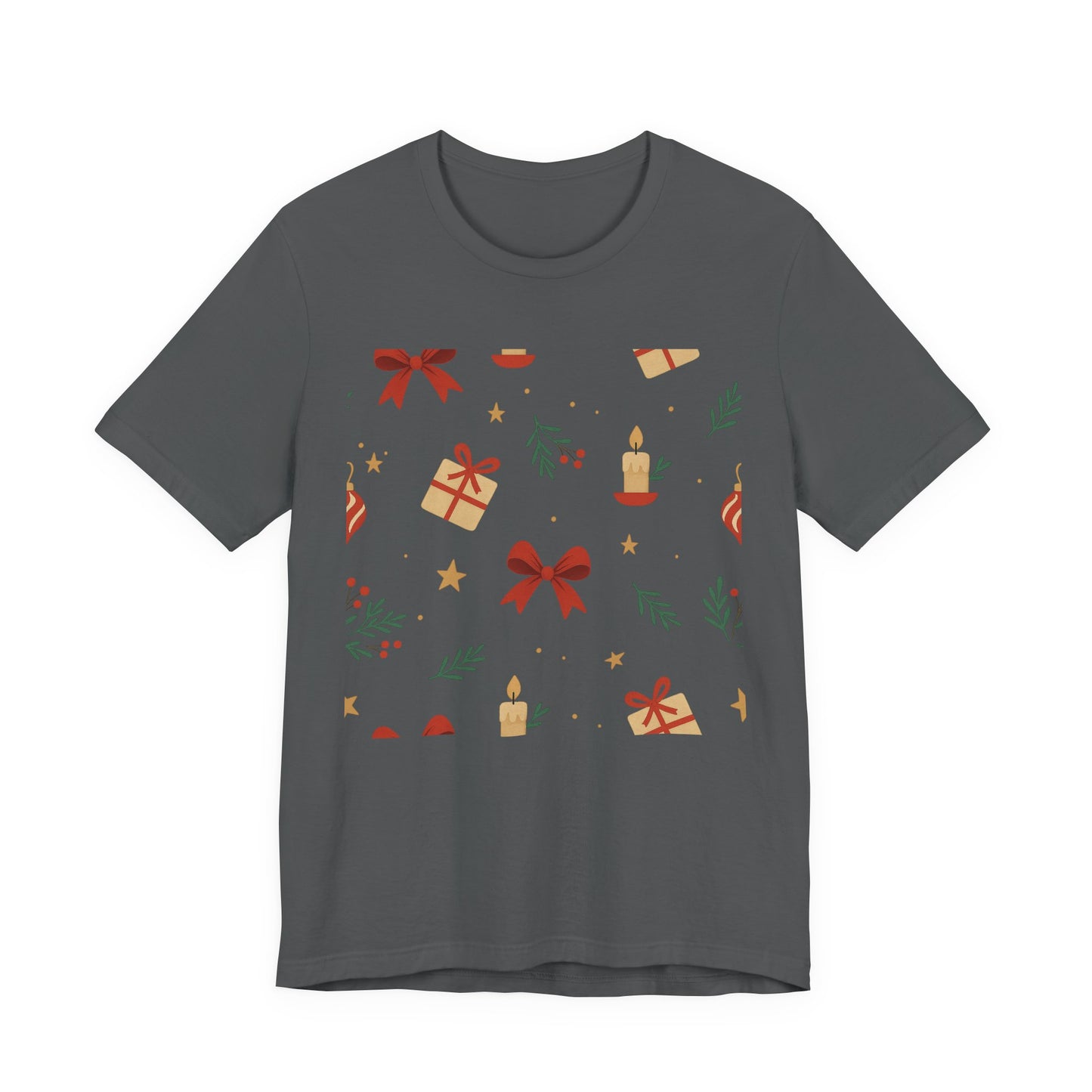 Holiday Pattern Tee — Festive Gifts, Bows & Candles Graphic T-Shirt