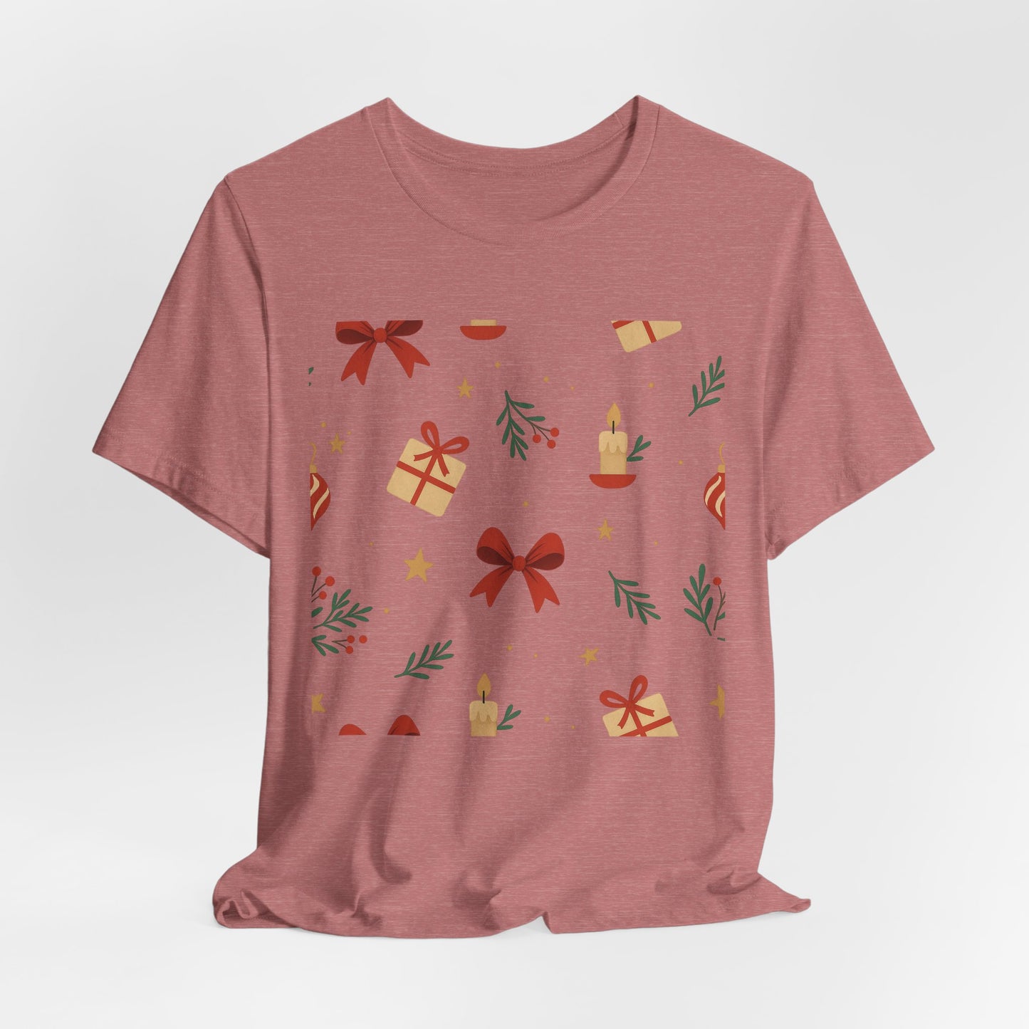Holiday Pattern Tee — Festive Gifts, Bows & Candles Graphic T-Shirt