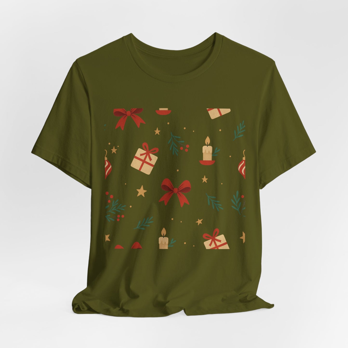 Holiday Pattern Tee — Festive Gifts, Bows & Candles Graphic T-Shirt