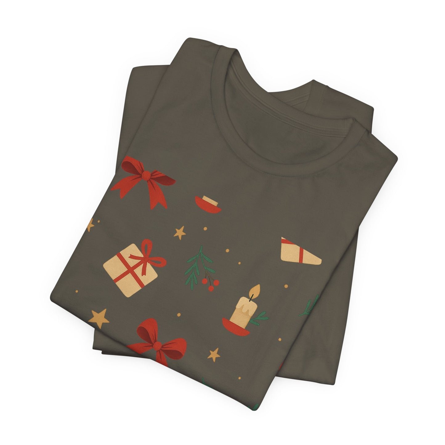 Holiday Pattern Tee — Festive Gifts, Bows & Candles Graphic T-Shirt