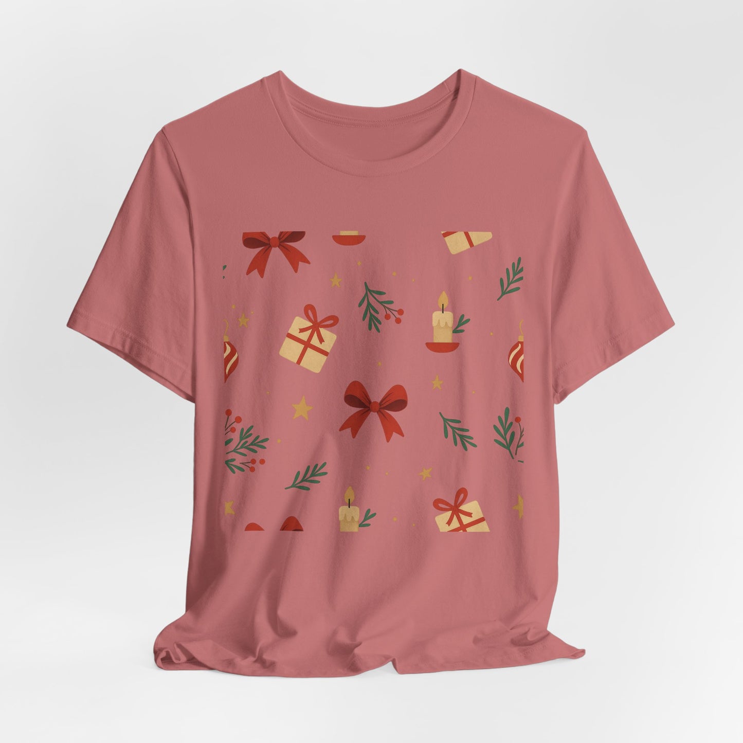 Holiday Pattern Tee — Festive Gifts, Bows & Candles Graphic T-Shirt