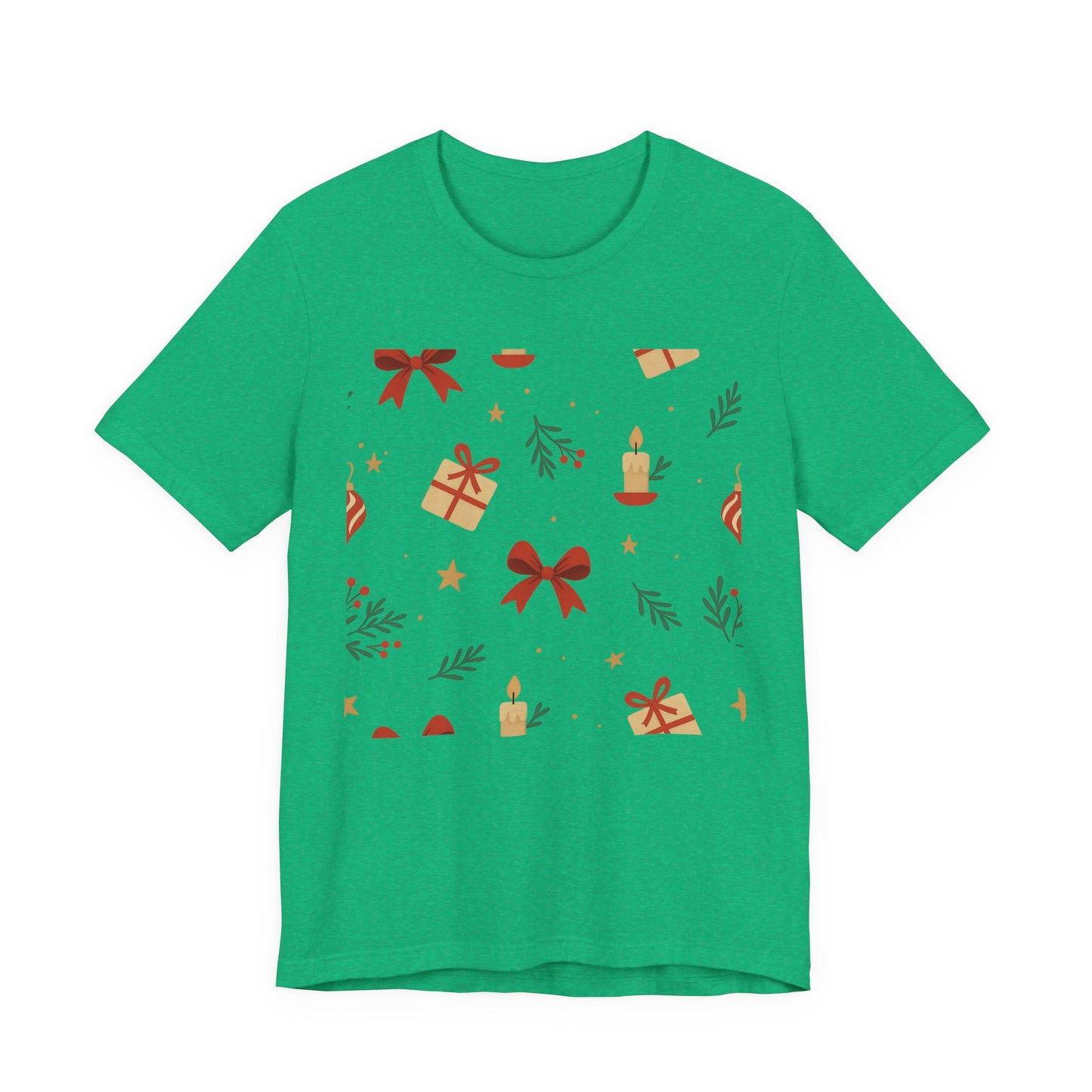 Holiday Pattern Tee — Festive Gifts, Bows & Candles Graphic T-Shirt