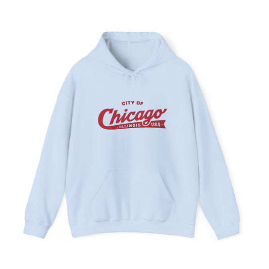 Chicago Script Hoodie — City of Chicago Vintage Red Logo Pullover