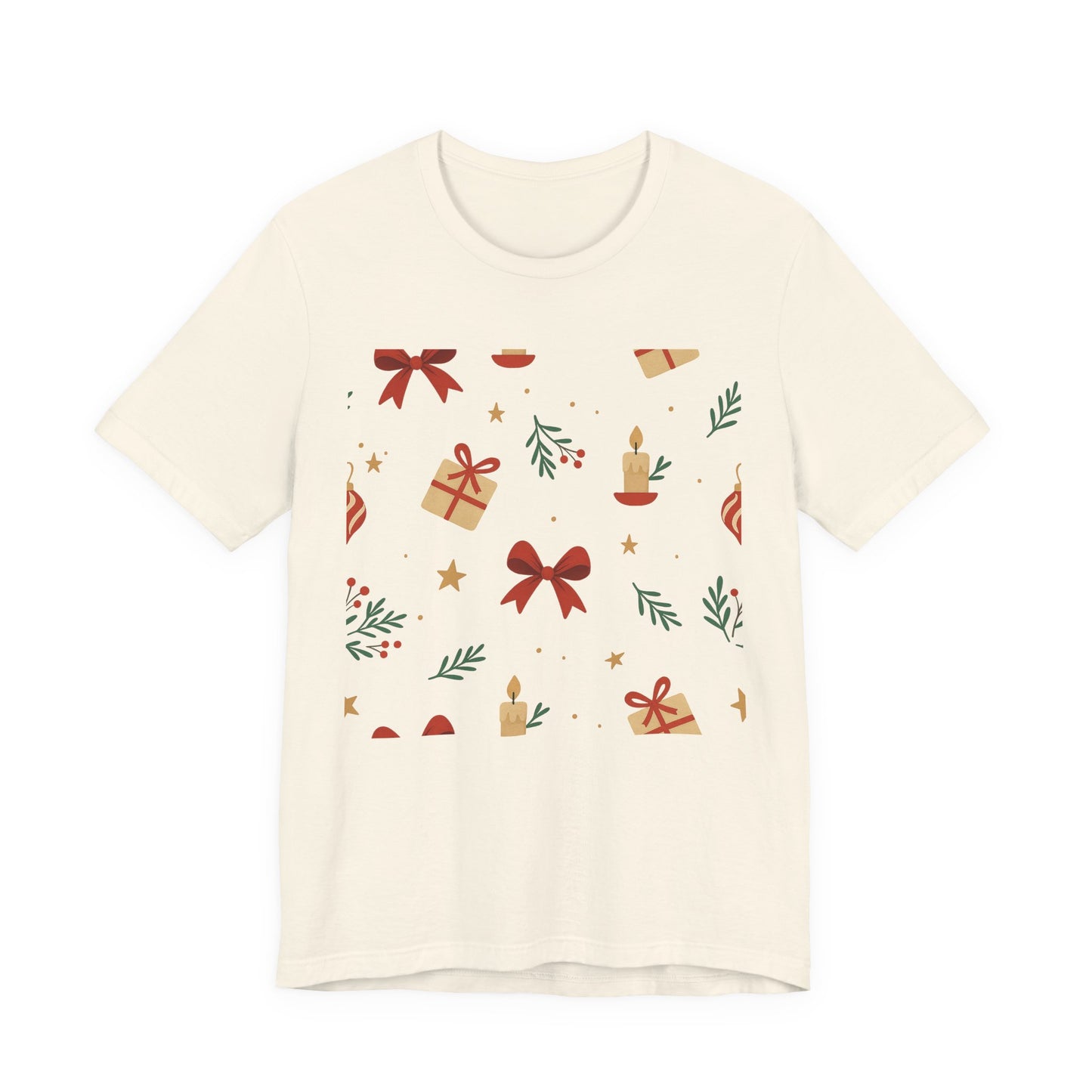 Holiday Pattern Tee — Festive Gifts, Bows & Candles Graphic T-Shirt