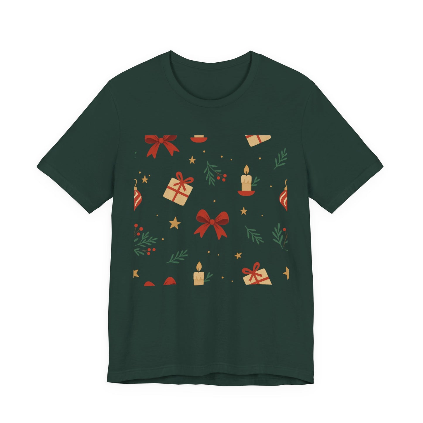 Holiday Pattern Tee — Festive Gifts, Bows & Candles Graphic T-Shirt
