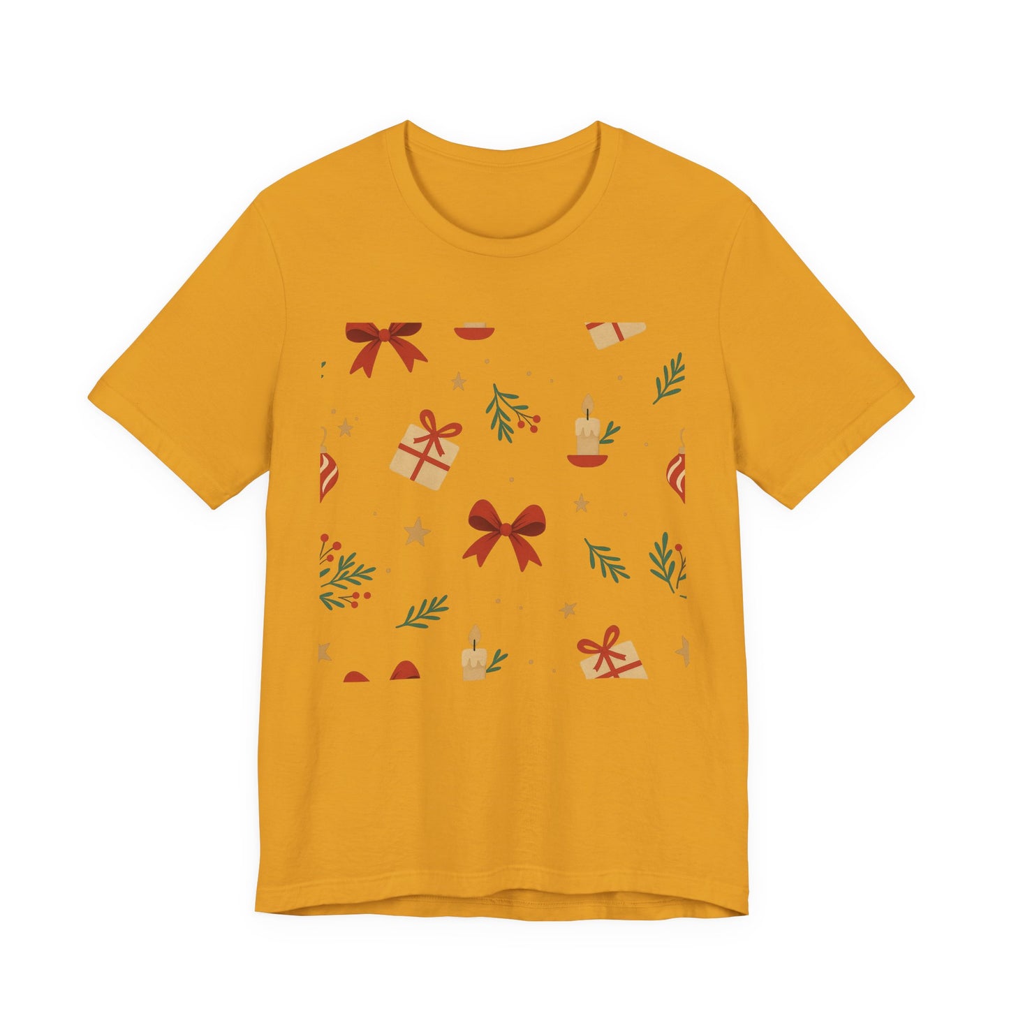 Holiday Pattern Tee — Festive Gifts, Bows & Candles Graphic T-Shirt