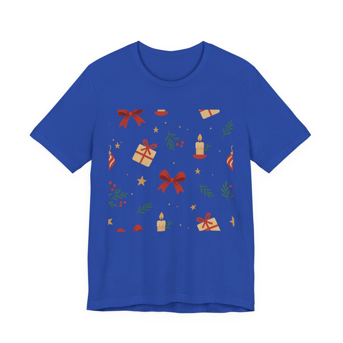 Holiday Pattern Tee — Festive Gifts, Bows & Candles Graphic T-Shirt