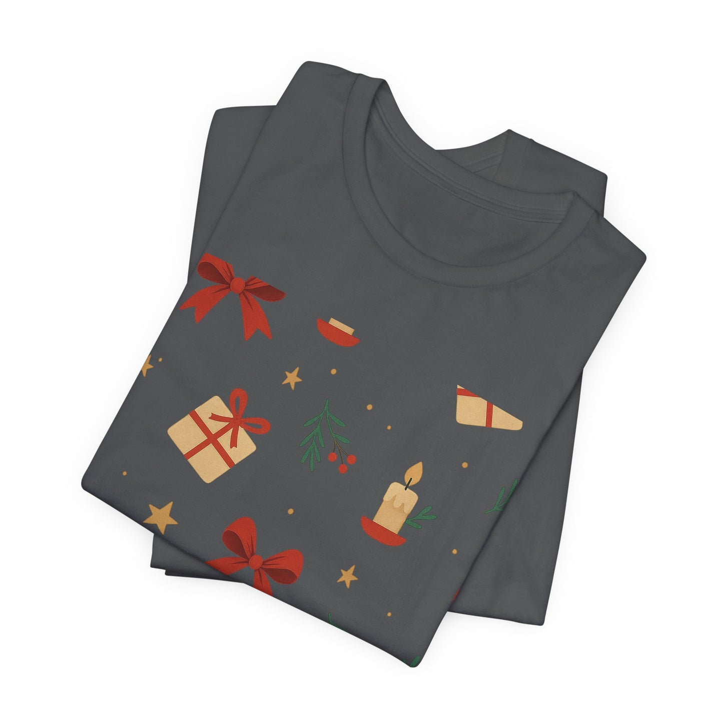 Holiday Pattern Tee — Festive Gifts, Bows & Candles Graphic T-Shirt