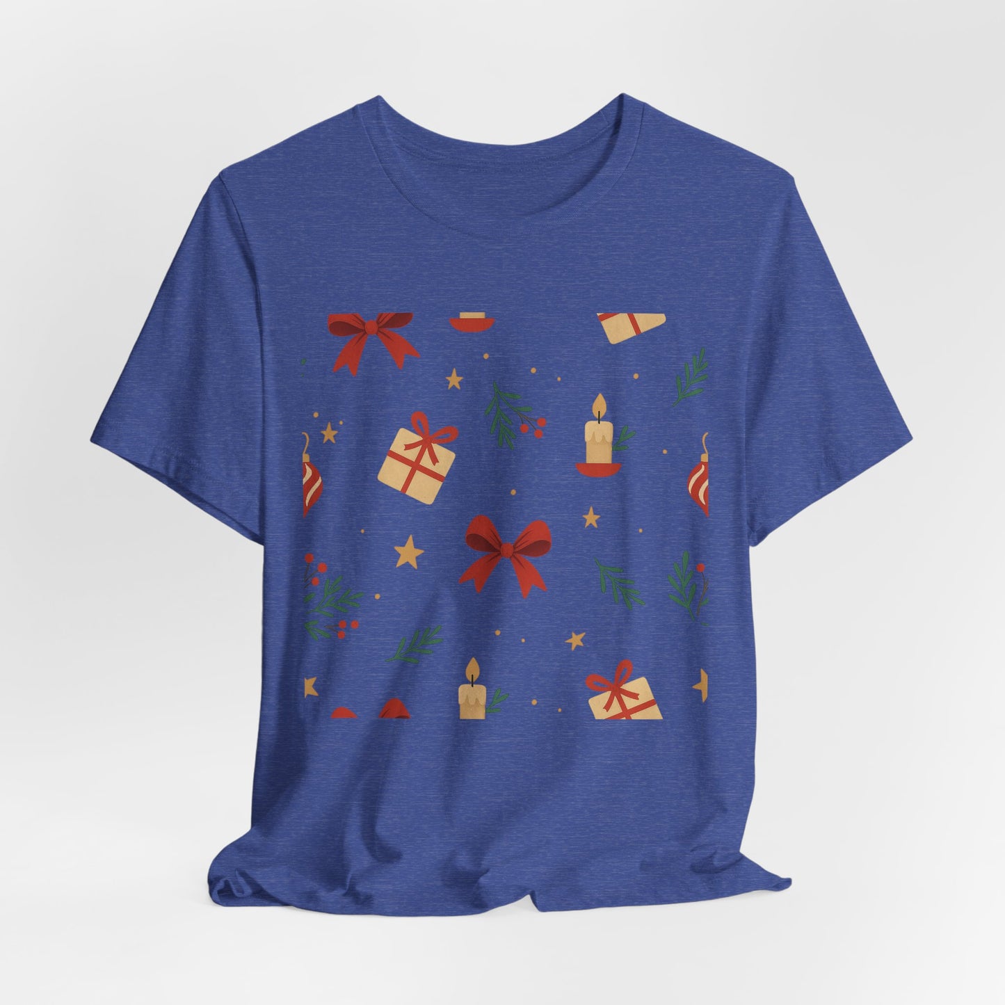 Holiday Pattern Tee — Festive Gifts, Bows & Candles Graphic T-Shirt