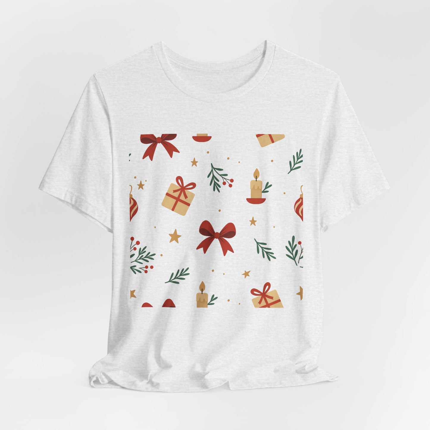 Holiday Pattern Tee — Festive Gifts, Bows & Candles Graphic T-Shirt