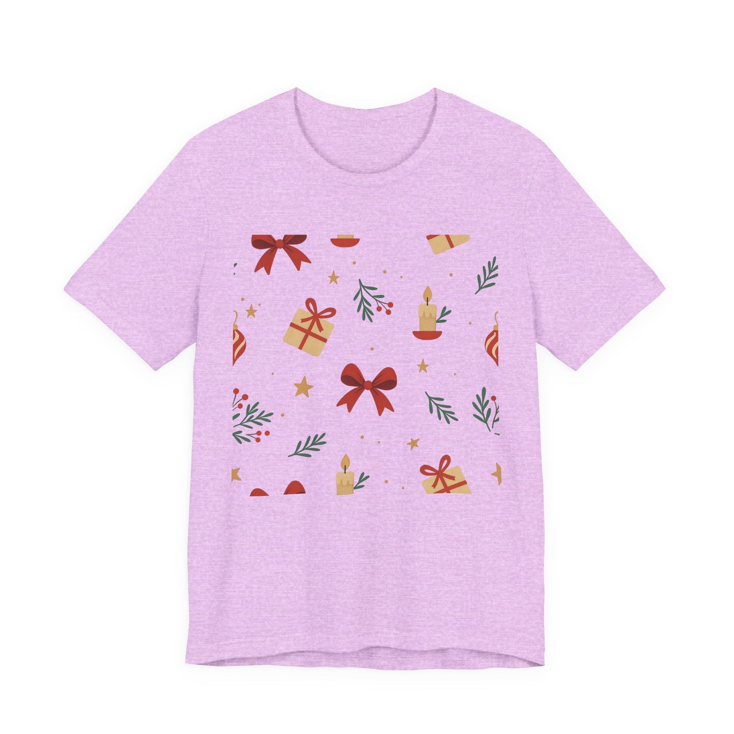 Holiday Pattern Tee — Festive Gifts, Bows & Candles Graphic T-Shirt