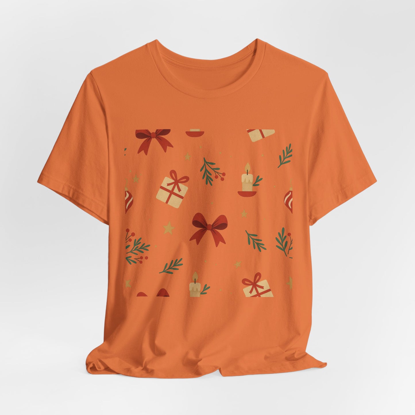 Holiday Pattern Tee — Festive Gifts, Bows & Candles Graphic T-Shirt