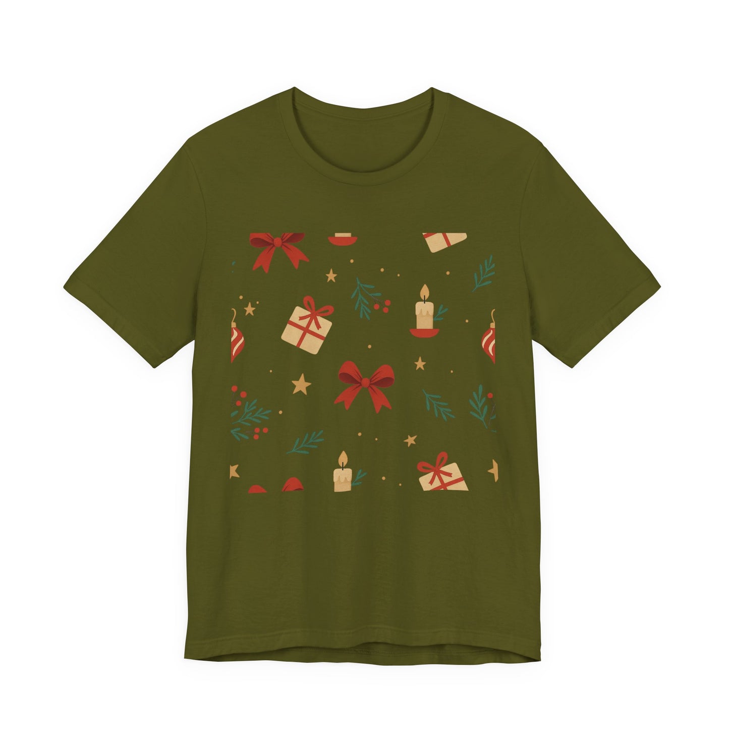 Holiday Pattern Tee — Festive Gifts, Bows & Candles Graphic T-Shirt
