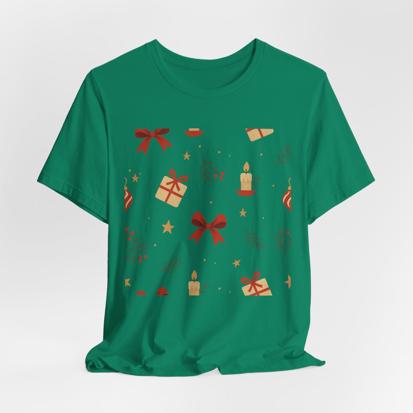 Holiday Pattern Tee — Festive Gifts, Bows & Candles Graphic T-Shirt