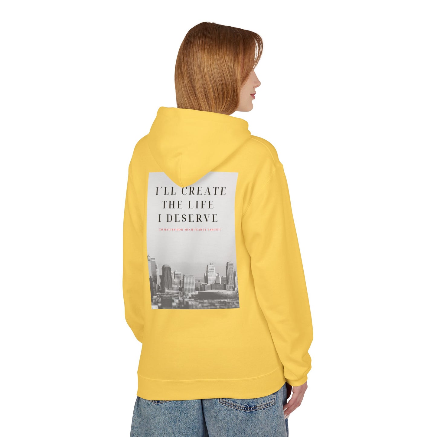 Motivational 'I'll Create the Life I Deserve' Hoodie — Inspirational Cityscape Fleece