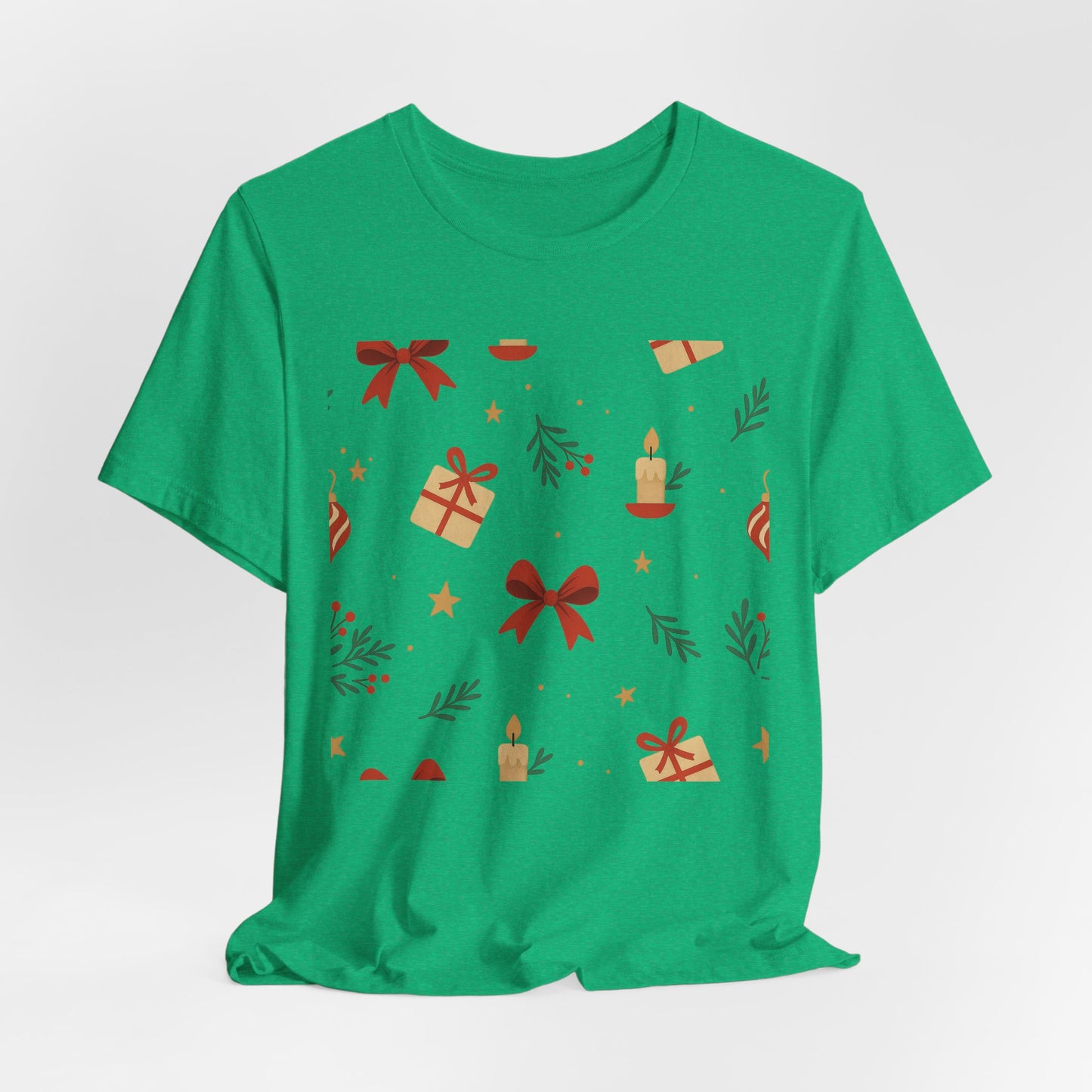 Holiday Pattern Tee — Festive Gifts, Bows & Candles Graphic T-Shirt