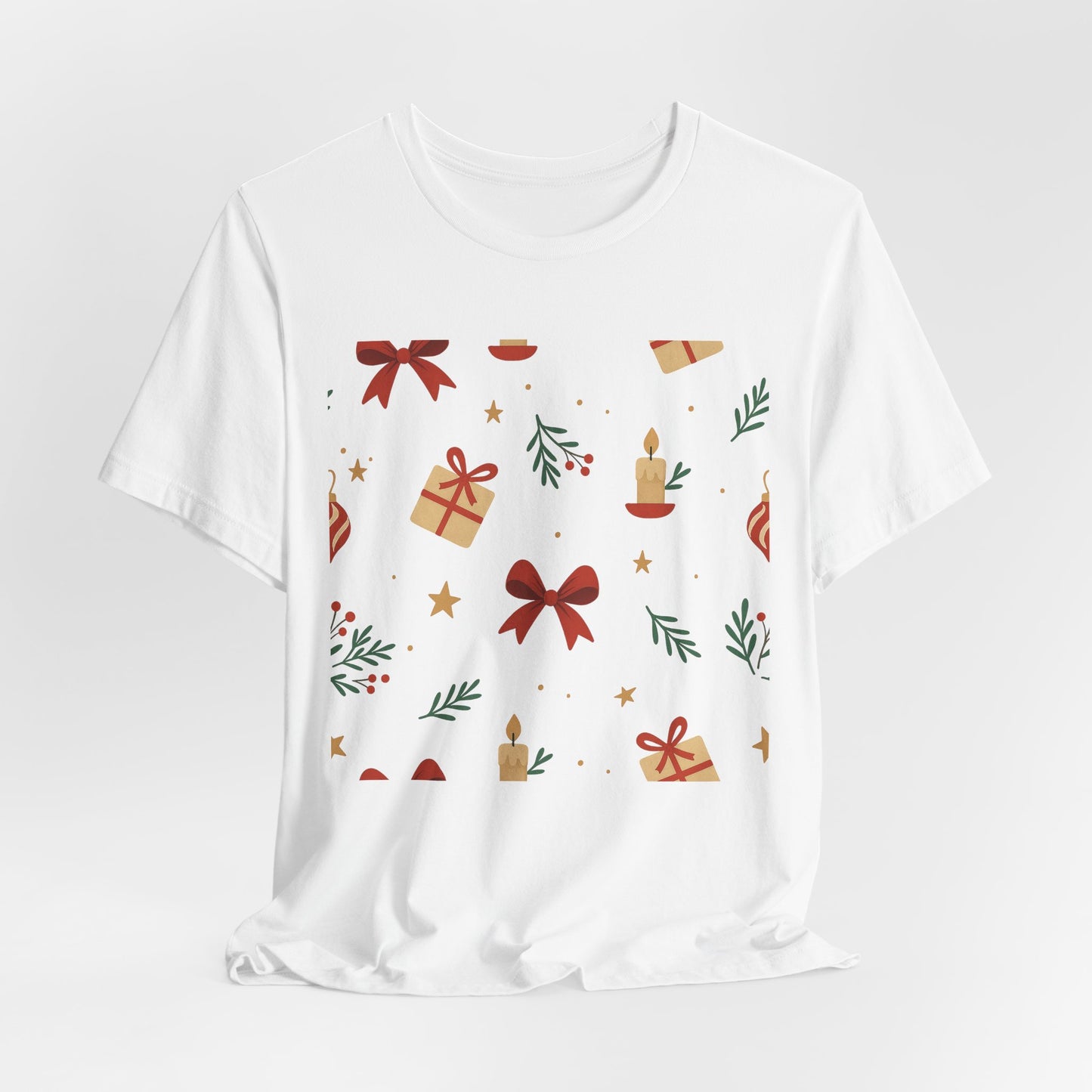 Holiday Pattern Tee — Festive Gifts, Bows & Candles Graphic T-Shirt