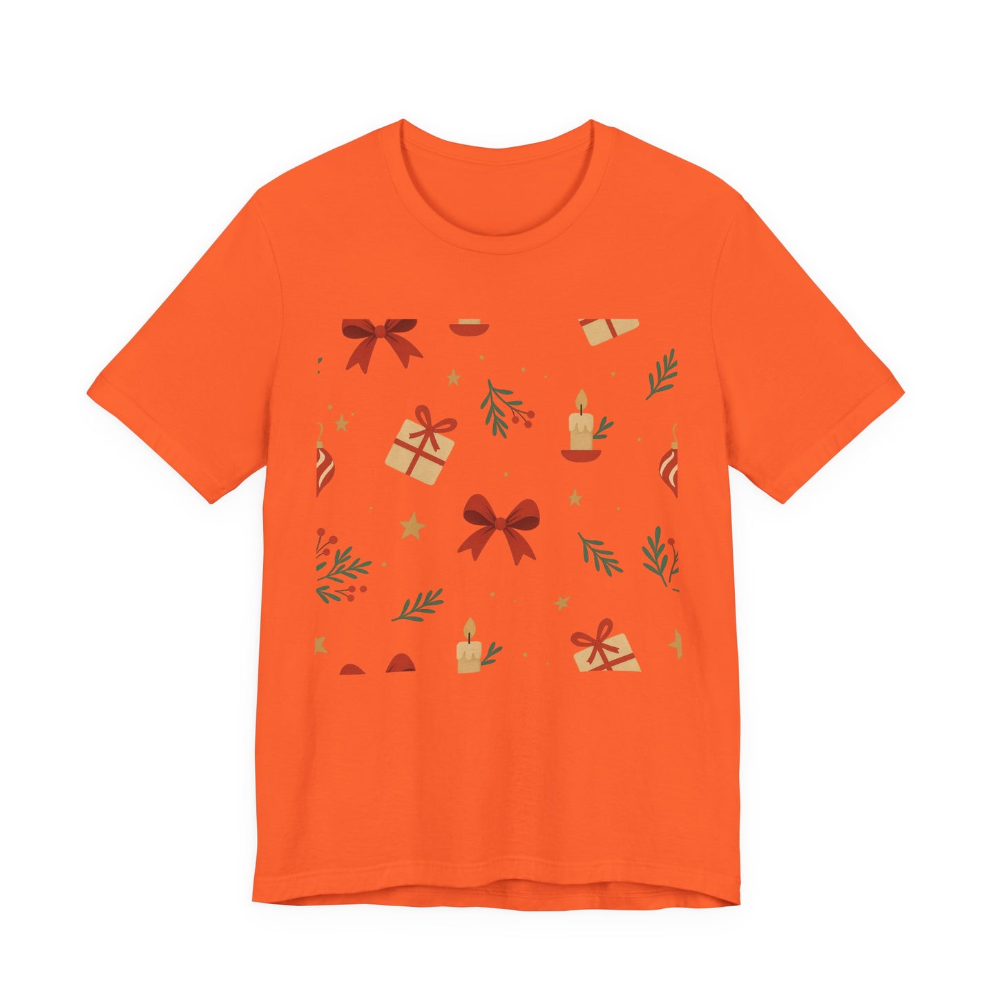 Holiday Pattern Tee — Festive Gifts, Bows & Candles Graphic T-Shirt
