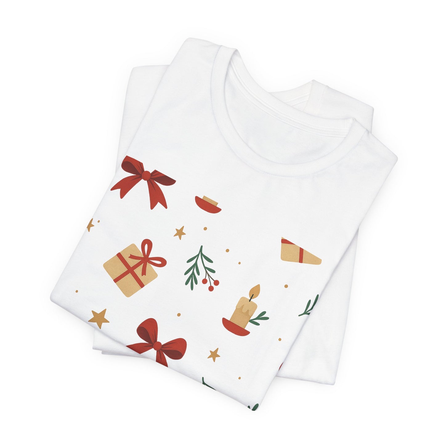 Holiday Pattern Tee — Festive Gifts, Bows & Candles Graphic T-Shirt