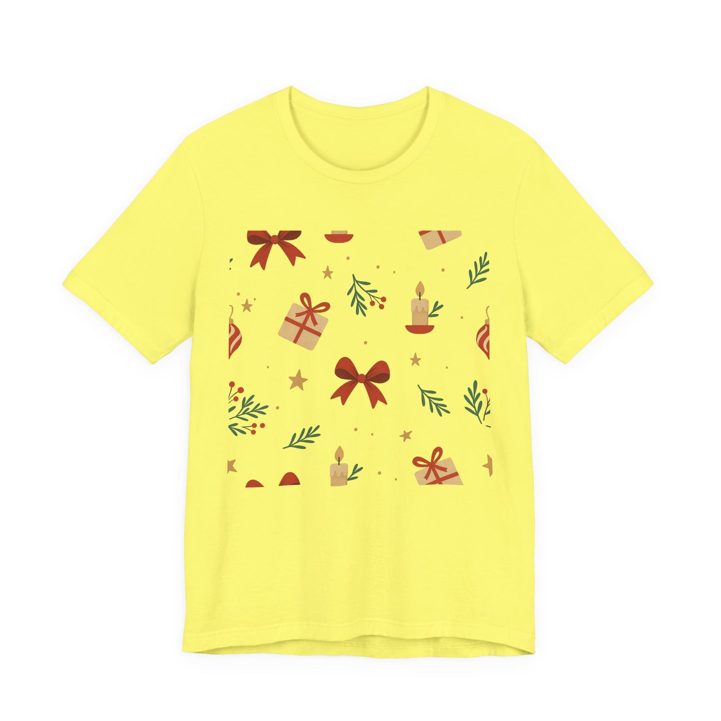 Holiday Pattern Tee — Festive Gifts, Bows & Candles Graphic T-Shirt