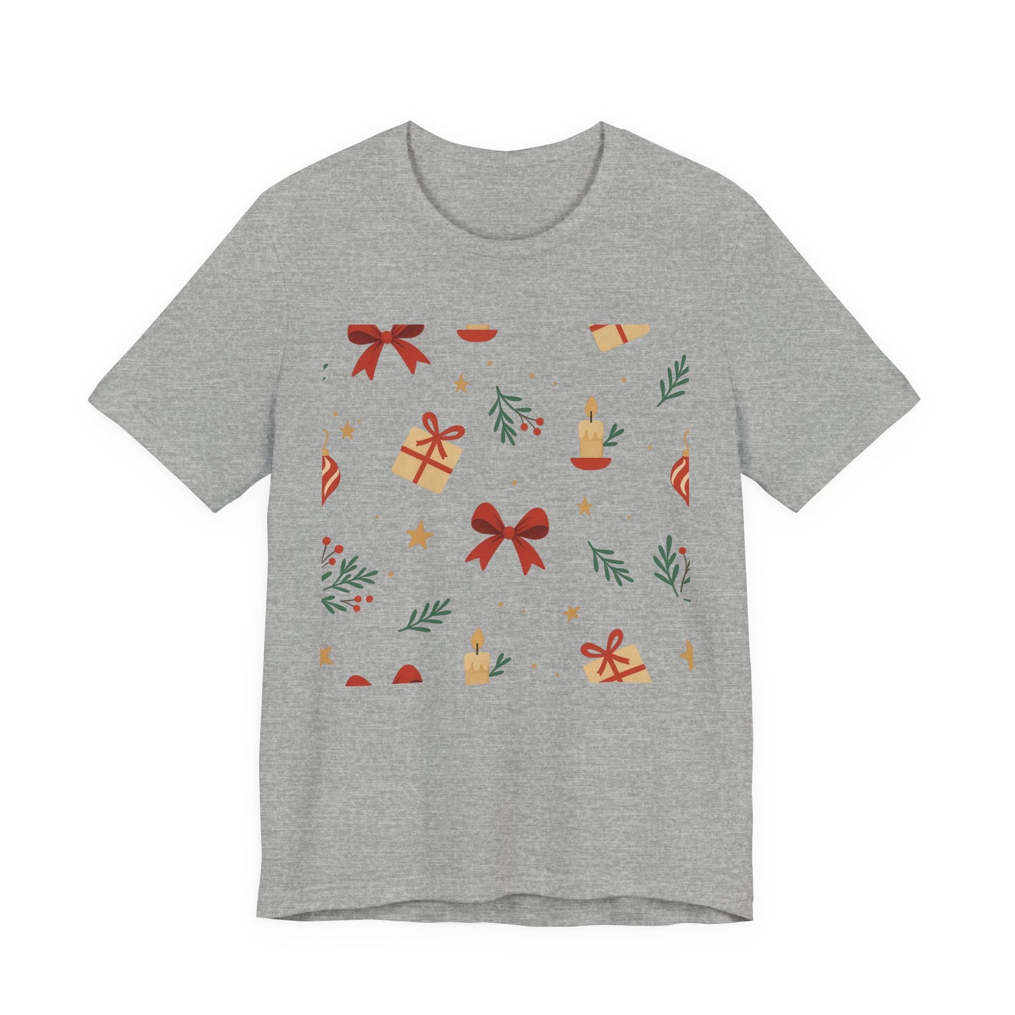 Holiday Pattern Tee — Festive Gifts, Bows & Candles Graphic T-Shirt