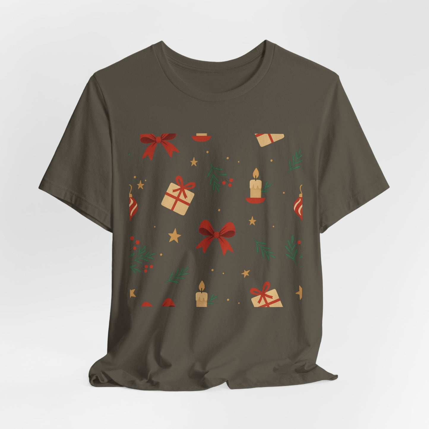 Holiday Pattern Tee — Festive Gifts, Bows & Candles Graphic T-Shirt