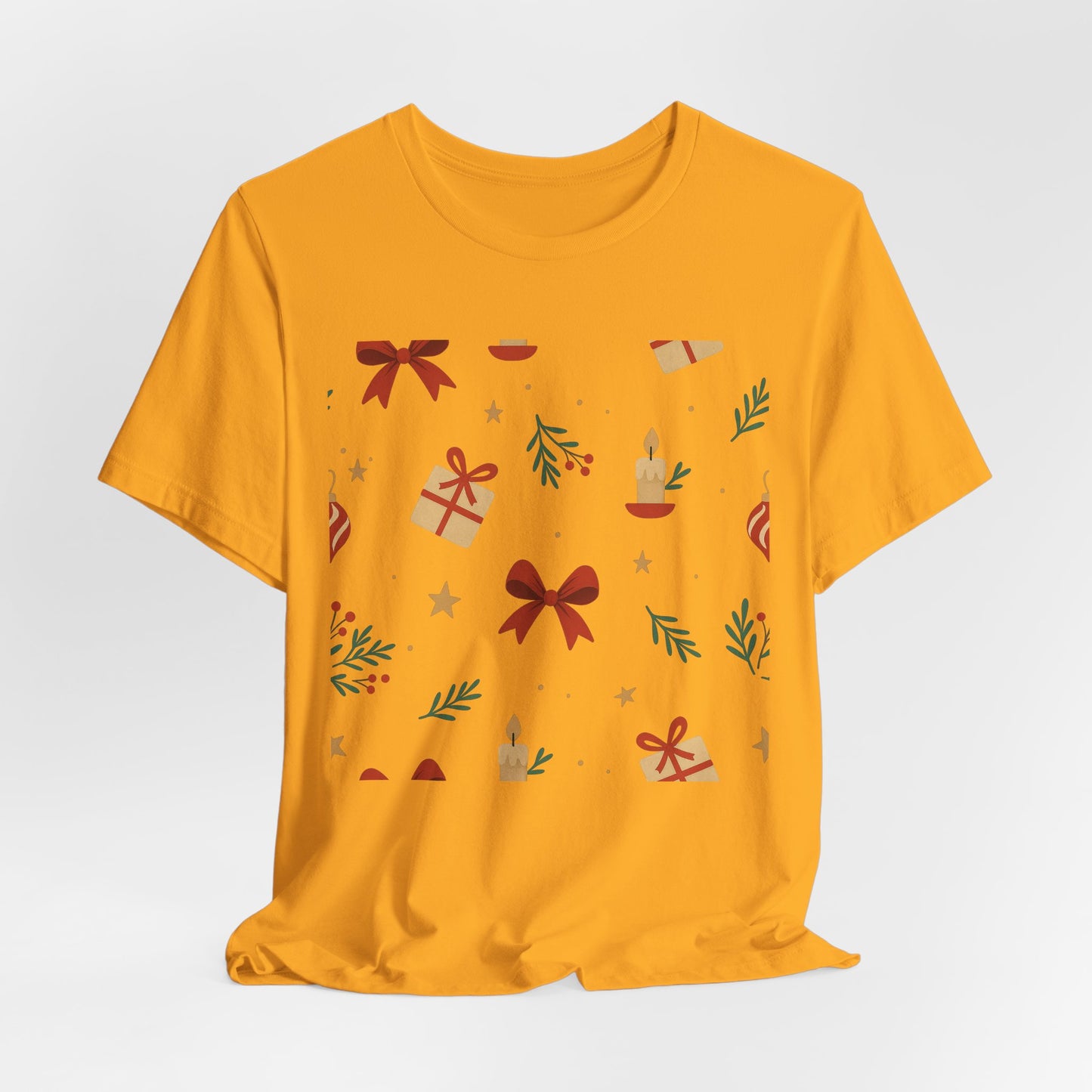 Holiday Pattern Tee — Festive Gifts, Bows & Candles Graphic T-Shirt