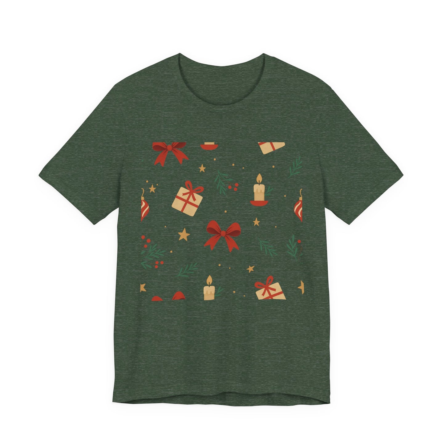 Holiday Pattern Tee — Festive Gifts, Bows & Candles Graphic T-Shirt