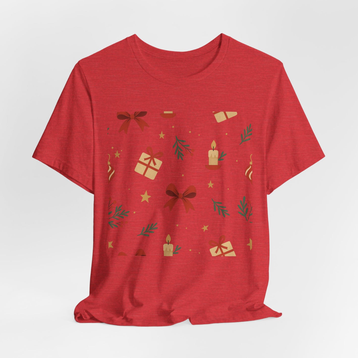Holiday Pattern Tee — Festive Gifts, Bows & Candles Graphic T-Shirt