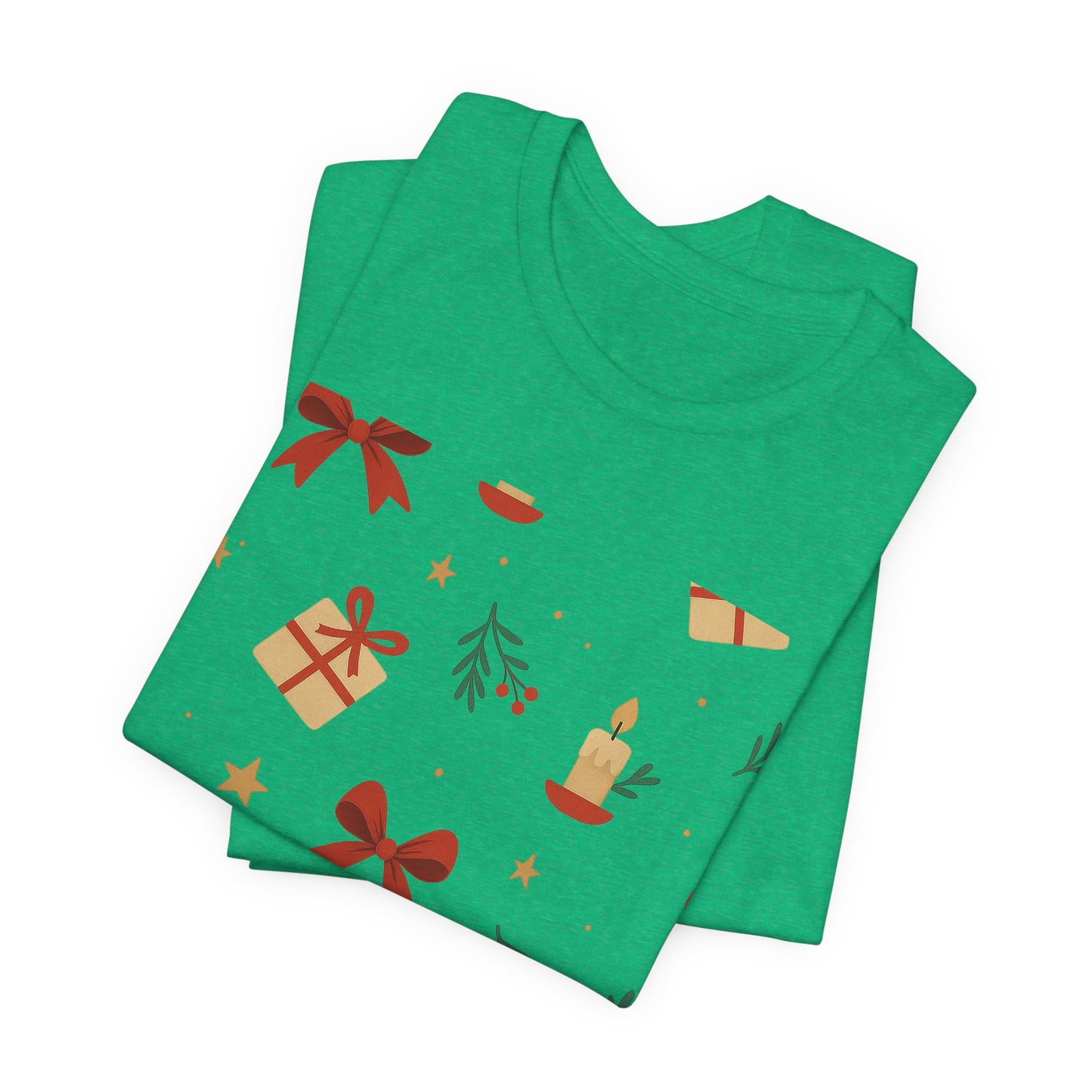 Holiday Pattern Tee — Festive Gifts, Bows & Candles Graphic T-Shirt