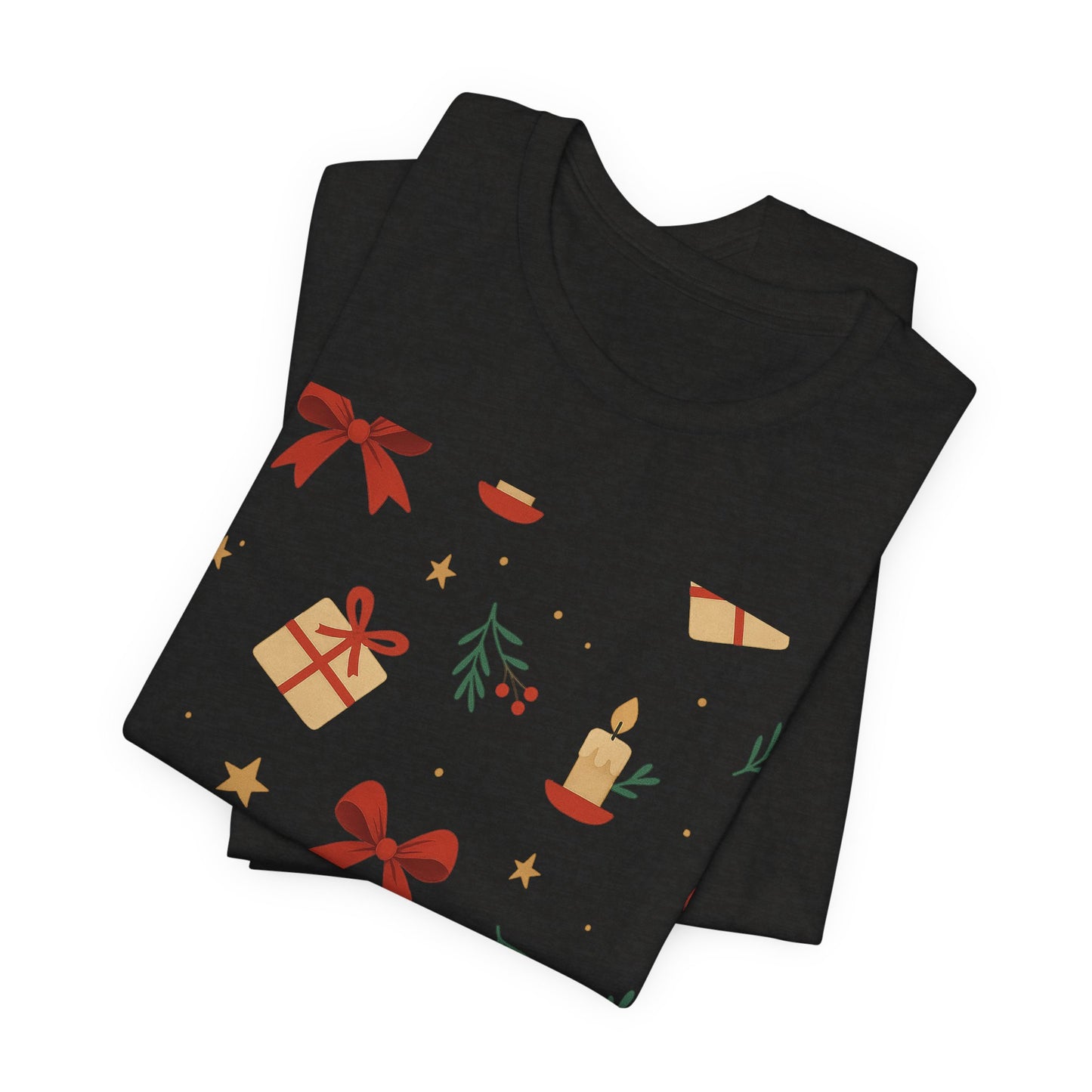 Holiday Pattern Tee — Festive Gifts, Bows & Candles Graphic T-Shirt