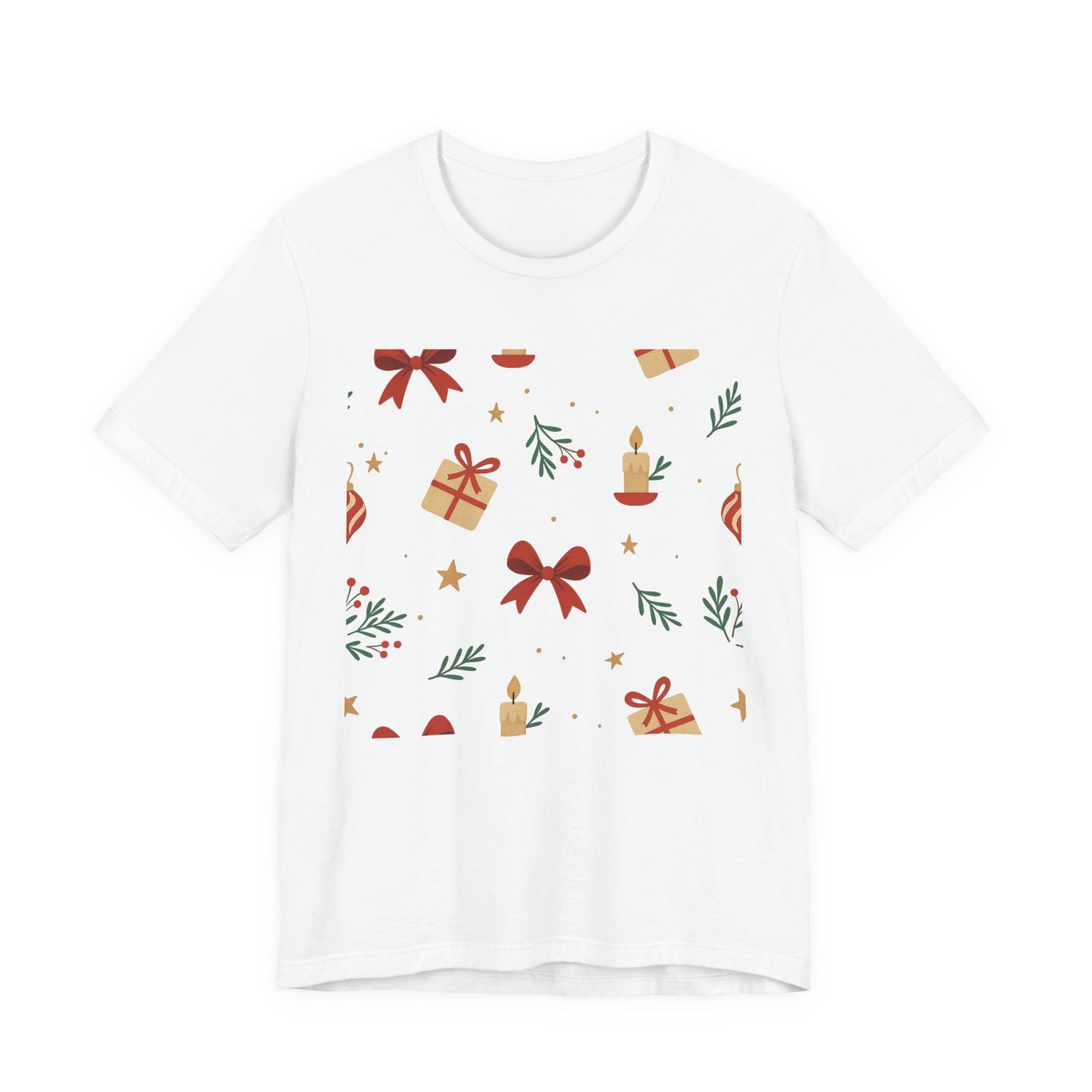 Holiday Pattern Tee — Festive Gifts, Bows & Candles Graphic T-Shirt