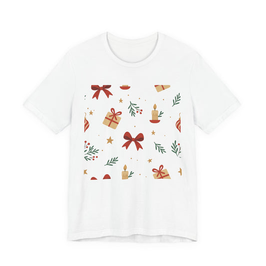 Holiday Pattern Tee — Festive Gifts, Bows & Candles Graphic T-Shirt