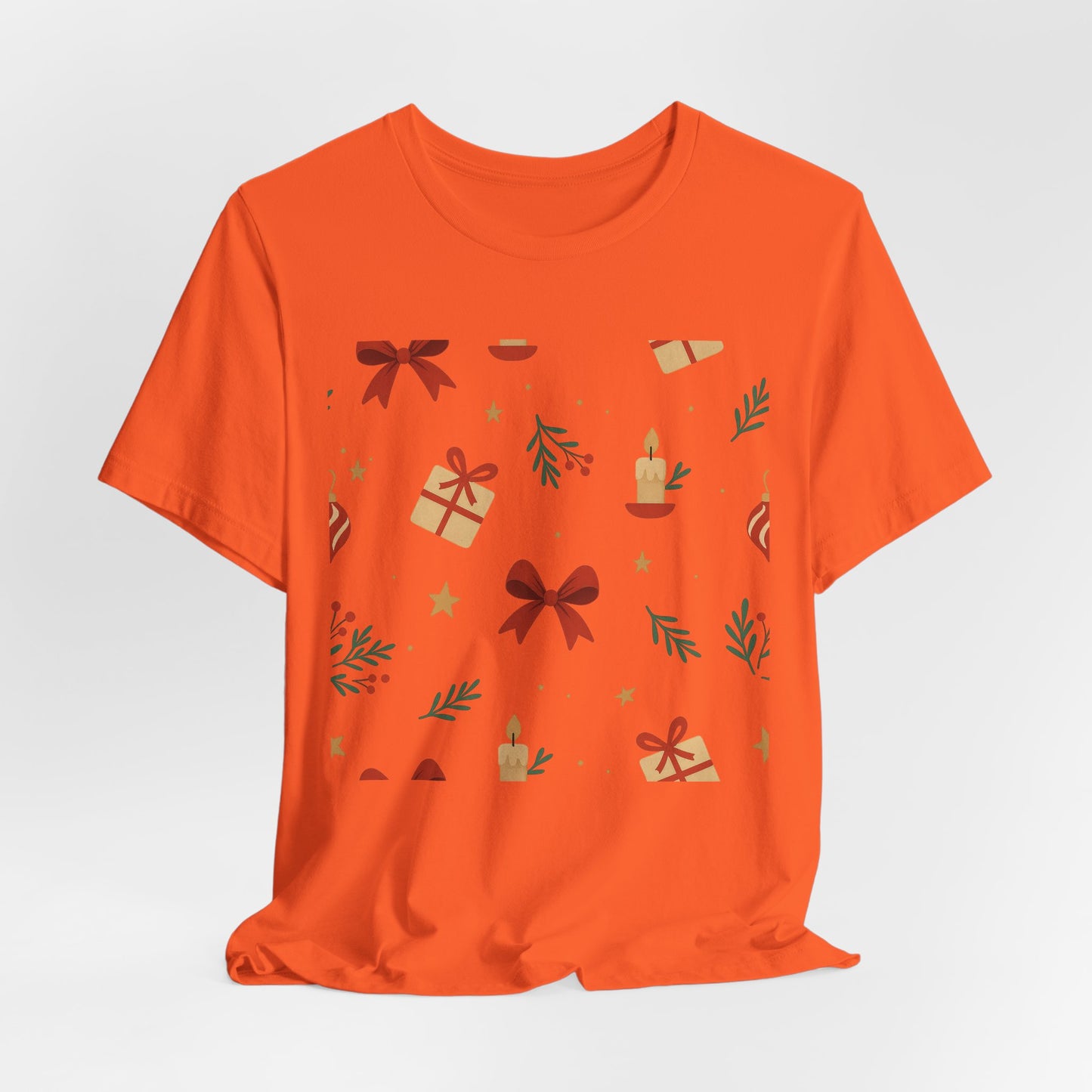 Holiday Pattern Tee — Festive Gifts, Bows & Candles Graphic T-Shirt